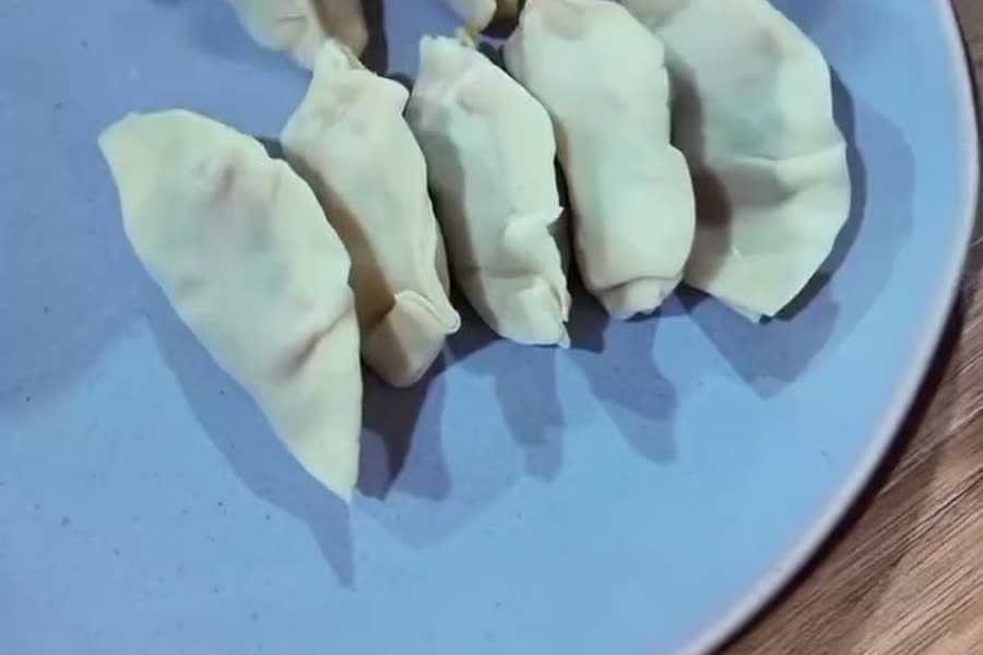Six gyozas façonnés à la main, alignés sur une assiette bleue
