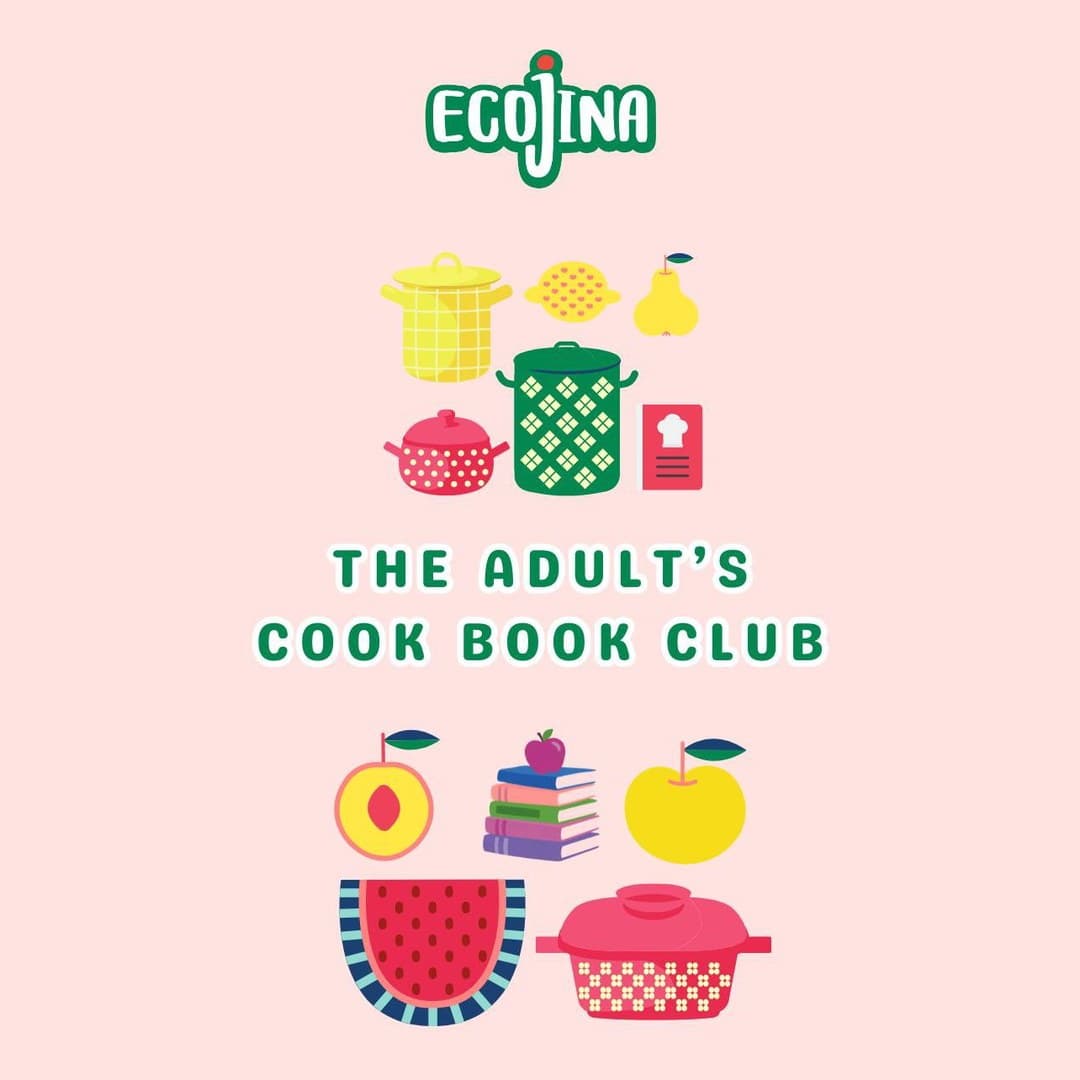 Affiche de « The Adult's Cook Book Club » : marmites, cocottes et fruits dessinés à plat autour d'une pile de livres de cuisine surmontée d'une pomme