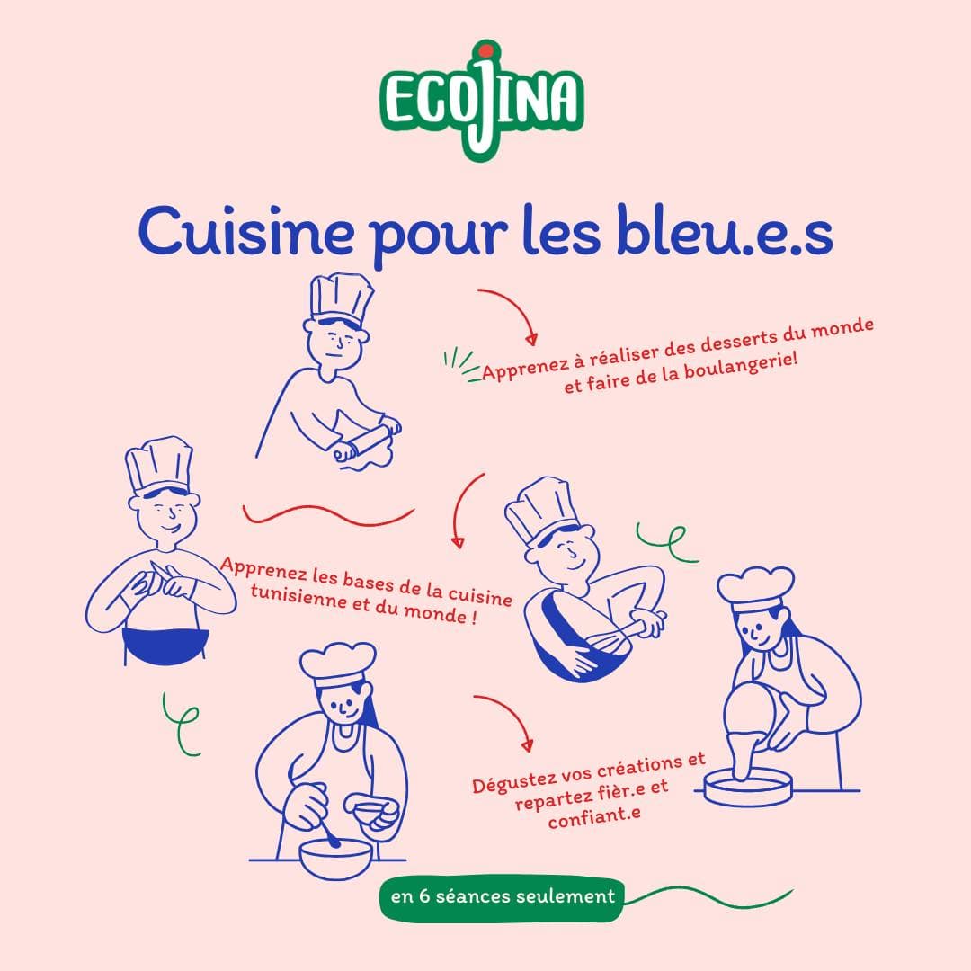Affiche du club « Cuisine pour les bleu.e.s » : cinq silhouettes de cuisiniers dessinées au trait bleu, avec les mentions « Apprenez les bases de la cuisine tunisienne et du monde », « Apprenez à réaliser des desserts du monde et faire de la boulangerie », « Dégustez vos créations et repartez fièr.e et confiant.e », et « en 6 séances seulement »