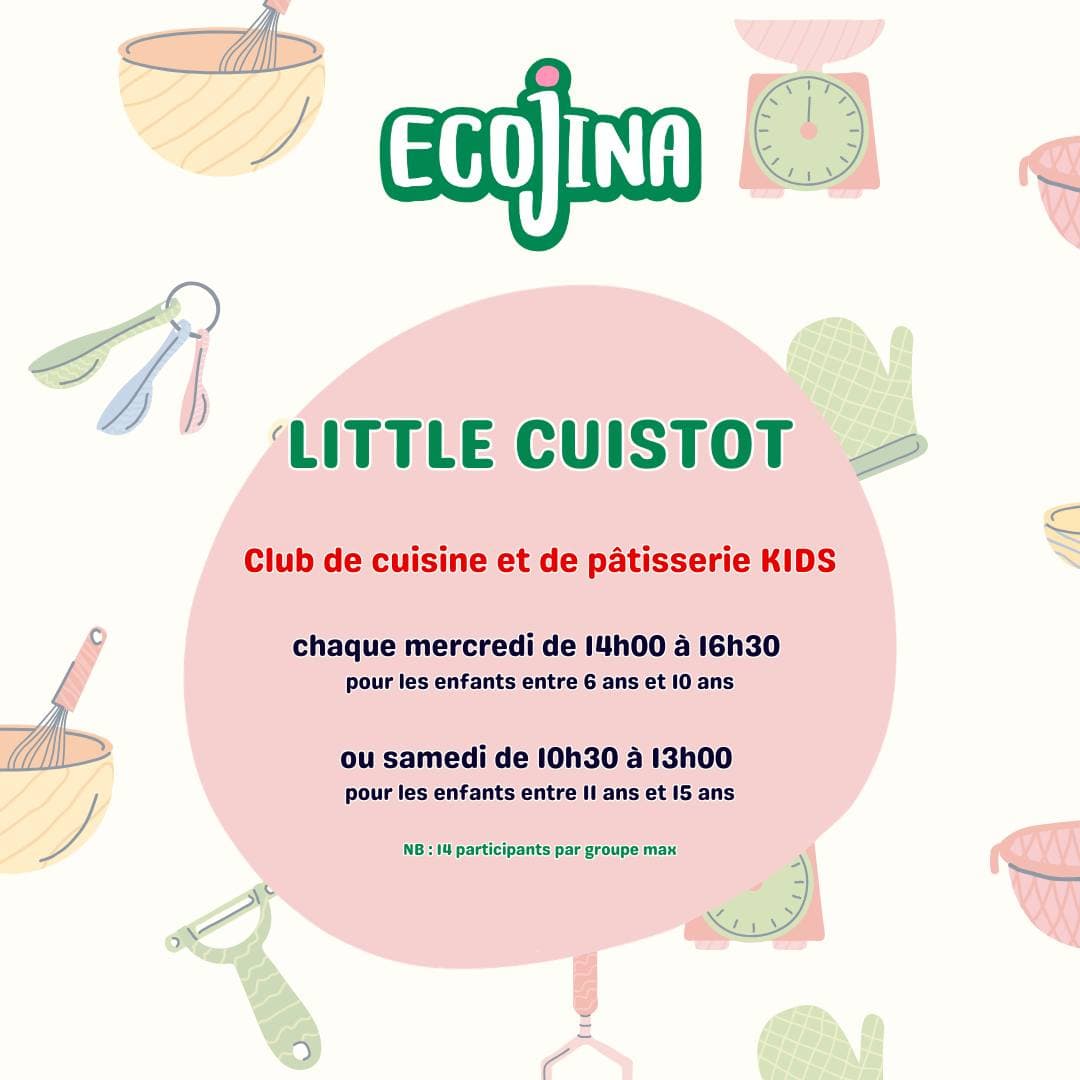 Affiche du club Little Cuistot, club de cuisine et de pâtisserie kids : ustensiles dessinés — saladiers, fouets, balance, gant de cuisine, économe — autour des créneaux « chaque mercredi de 14h00 à 16h30 pour les enfants entre 6 et 10 ans » et « ou samedi de 10h30 à 13h00 pour les enfants entre 11 et 15 ans », avec la mention « 14 participants par groupe max »